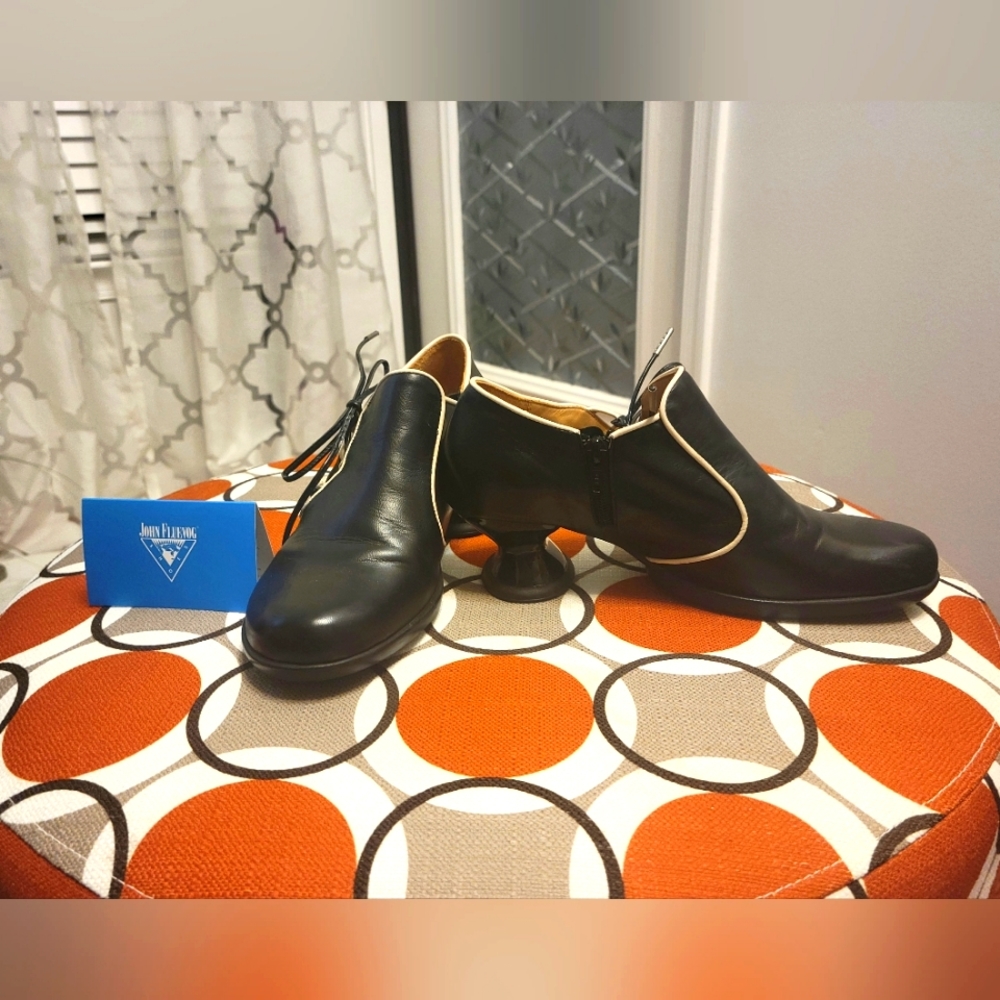 John Fluevog Black Shoes with Cream Piping